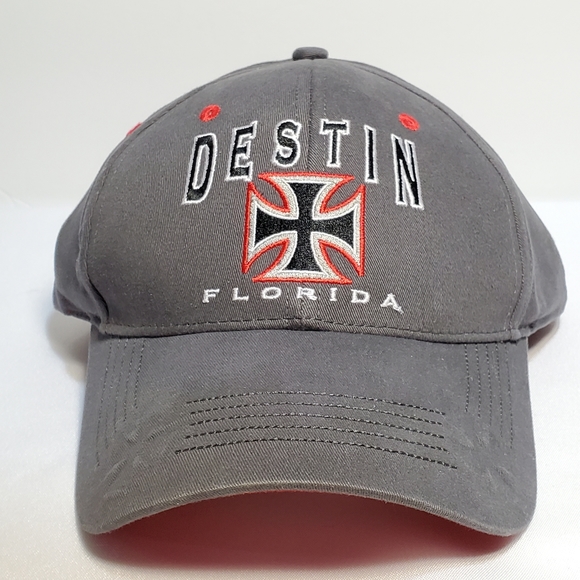 Destin Florida Hat Iron Cross Embroidered Logo Gray Adult Strapback Curve Bill - Picture 2 of 10